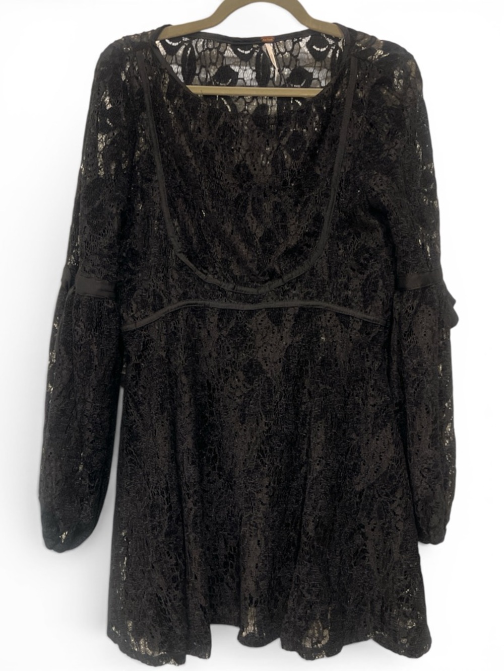 Free People Black Lace Tunic Top Sheer Overlay Long Sleeve Flowy Boho Blouse